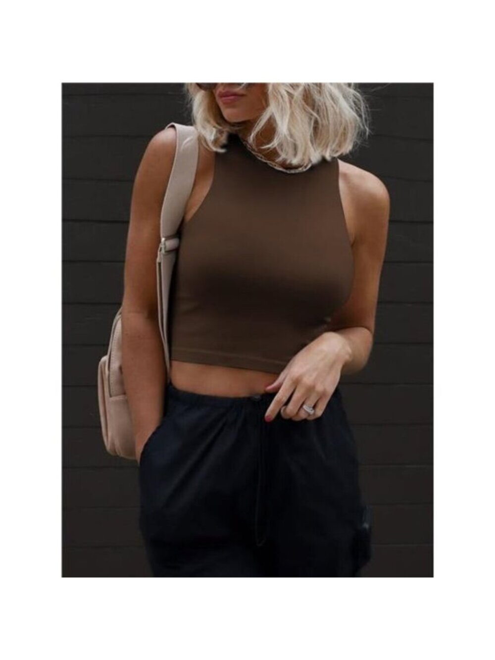 Womens Double Lined Crop Tank Tops Casual Basic Shirts Sleeveless Brown